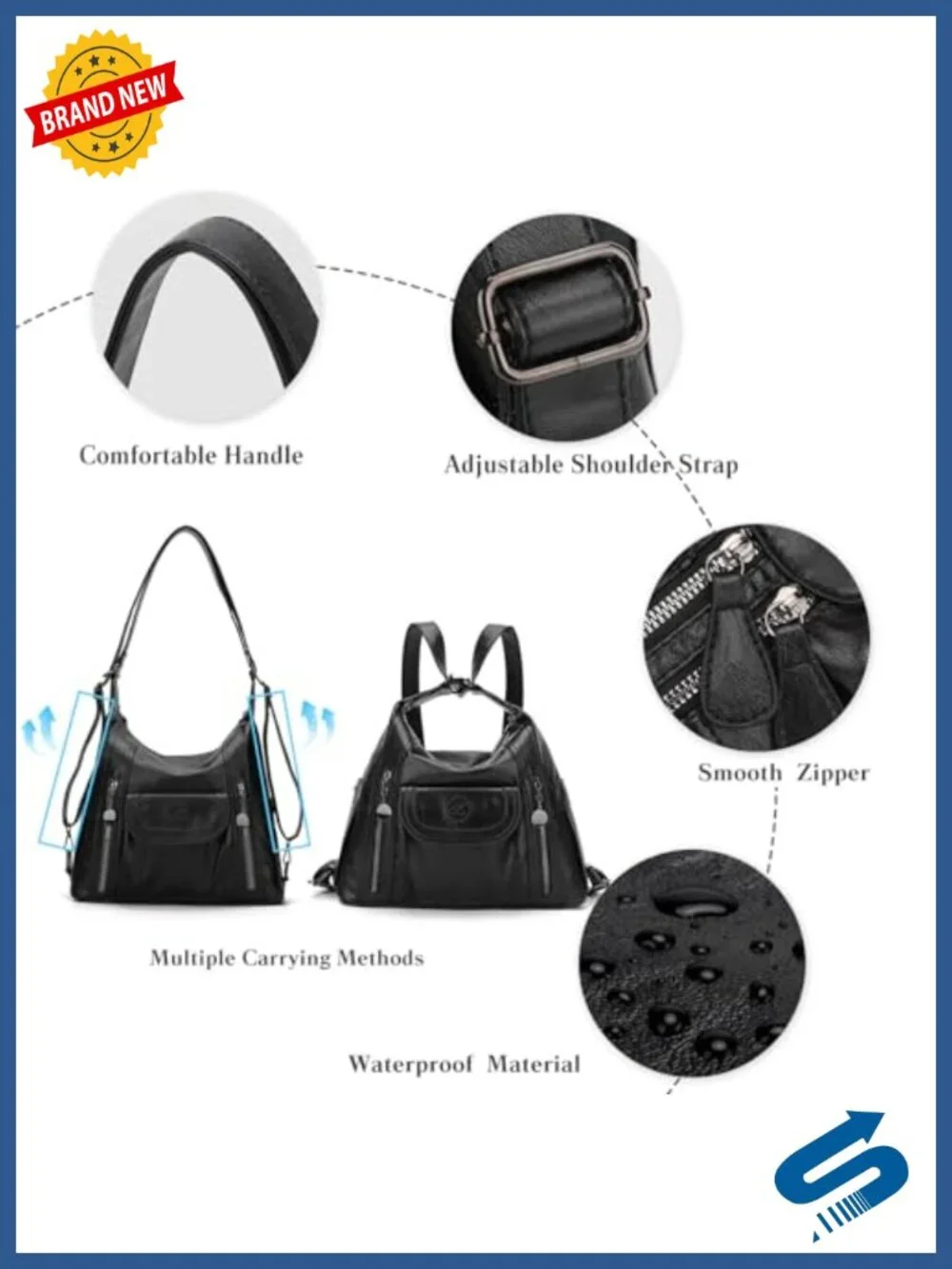 Women PU Leather Tote Shoulder Bag Large Capacity Handbag Backpack 9 Pockets